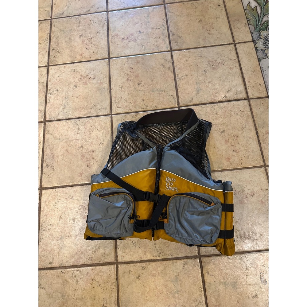 Bass Pro Shops Fishing Vest Life Jacket PFD Model 1800 Yellow Grey Large USCG